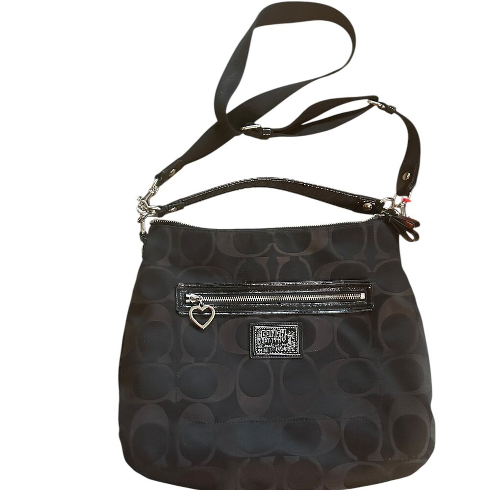 Coach Poppy Signature Convertible Hobo Bag Black Patent Trim Silver Hardware - Picture 4 of 10